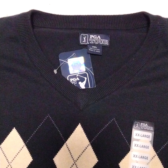 Men's PGA Tour XXL Argile V Neck Long Sleeve Sweater Black Gray Cream - Picture 2 of 8
